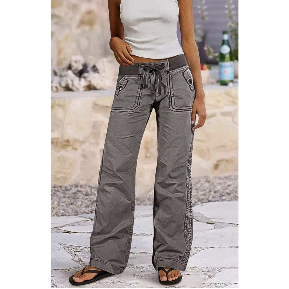 Flamingals Straight Leg Pants Women Drawstring Waist Mid Rise Casual Solid M - Picture 5 of 6
